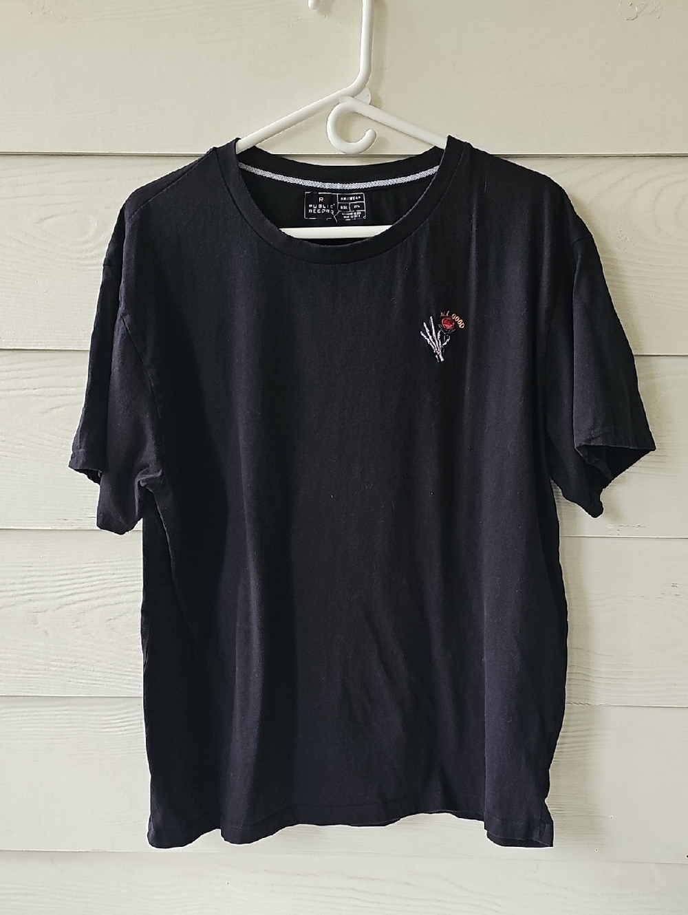 Public Record Men's All Good Skeleton Hand Rose Embroidered Black Tee Size 2XL